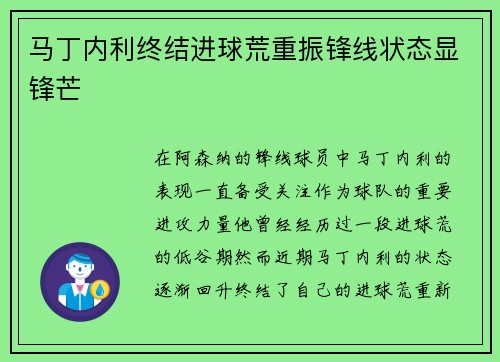 马丁内利终结进球荒重振锋线状态显锋芒