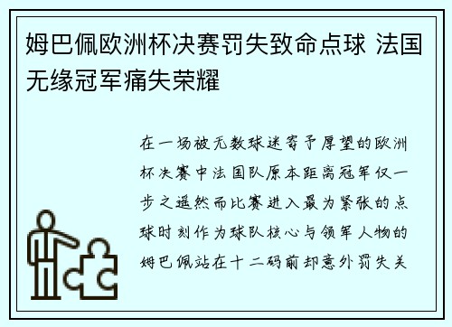 姆巴佩欧洲杯决赛罚失致命点球 法国无缘冠军痛失荣耀